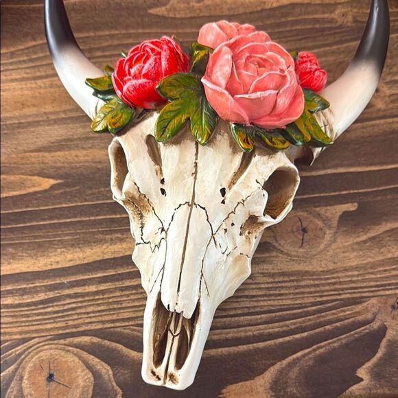 LIKE NEW Boho Steer Head w Flowers Wall Art - Picture 6 of 11